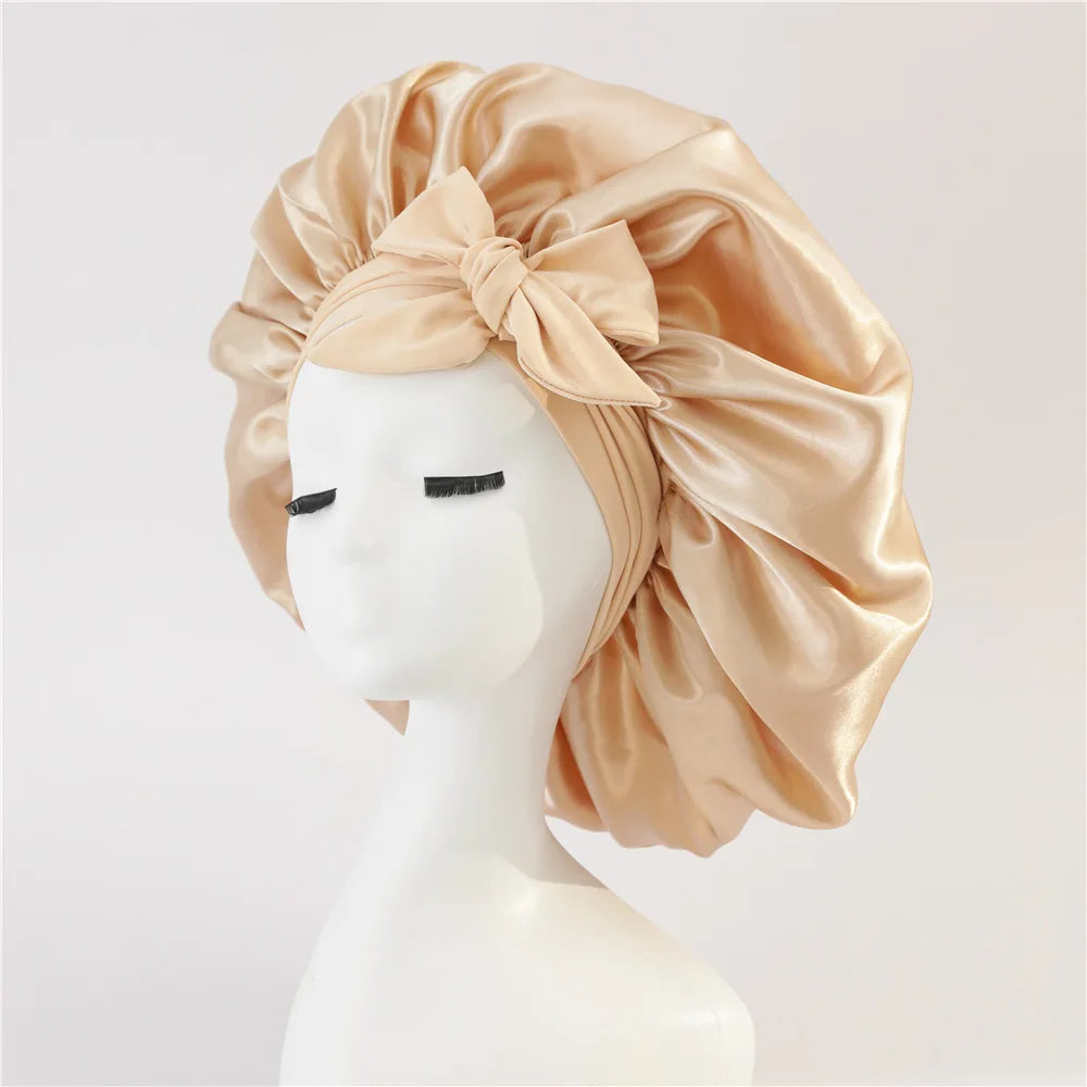 Bonnet de nuit en satin pour femme, large bande solide, extensible, avec nœud, bonnet soyeux, bonnet de nuit, soins capillaires, couvre-tête de douche