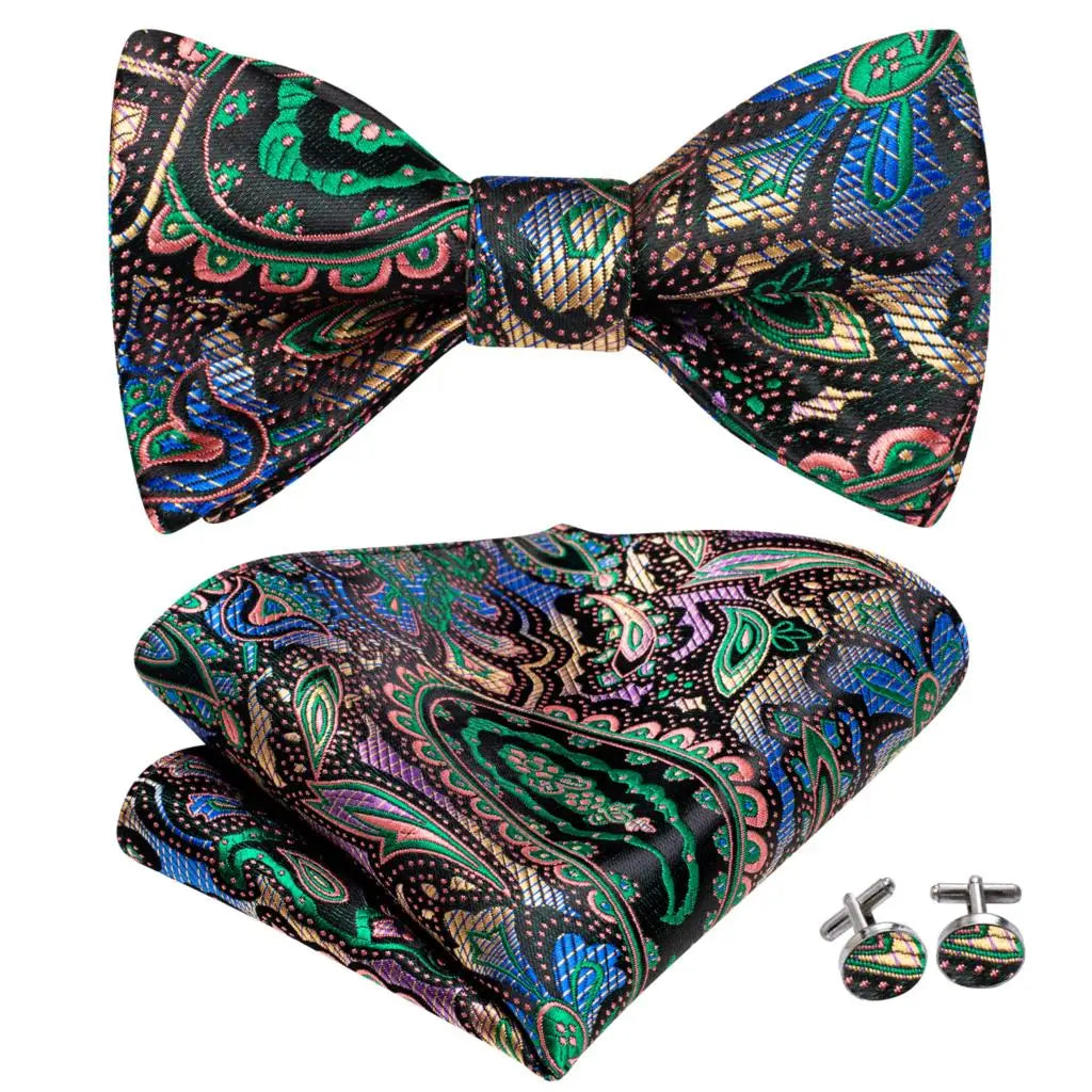 Hi-Tie Ensemble nœud papillon en soie pour homme, mouchoir et boutons de manchette, bleu, rouge, or, noir, blanc, jacquard, nœud papillon, mariage, affaires