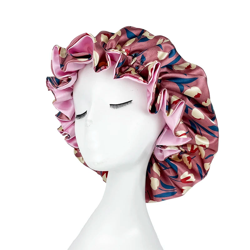 Double Layer Silky Satin Bonnet Women Sleeping Cap Large Reversible Satin Linned Night Sleep Headwrap Hat Hair Wrap Accessories