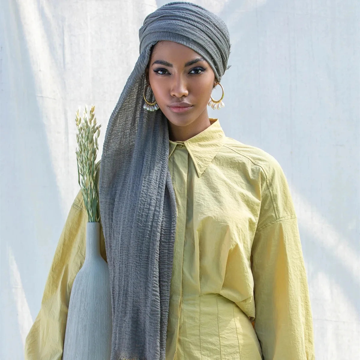 Ramadan Cotton Crinkle Headband Veil Scarves Women Solid Color Head Wraps Long Scarves Turban Headband Muslim Fashion Headscarf