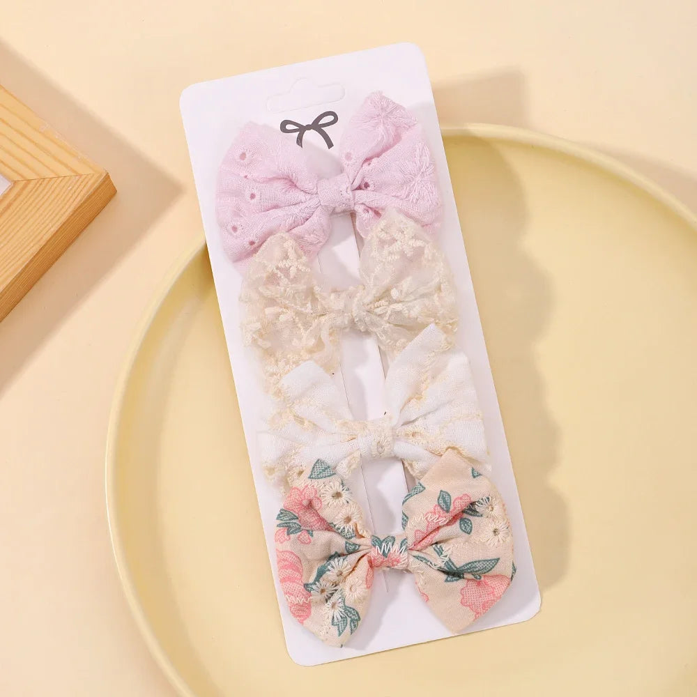 Lot de 4 jolies pinces à cheveux en coton avec nœud papillon, épingles à cheveux sûres, style pastoral, pour fille, accessoires pour cheveux de bébé, imprimés, cadeau
