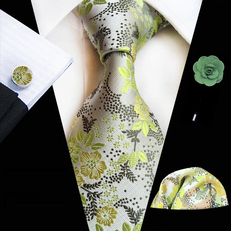 Ensemble de cravates en soie rose floral pour hommes, ensemble de cravates de fête de mariage, mouchoir, broche, boutons de manchette, accessoires pour hommes de haute qualité Gravata