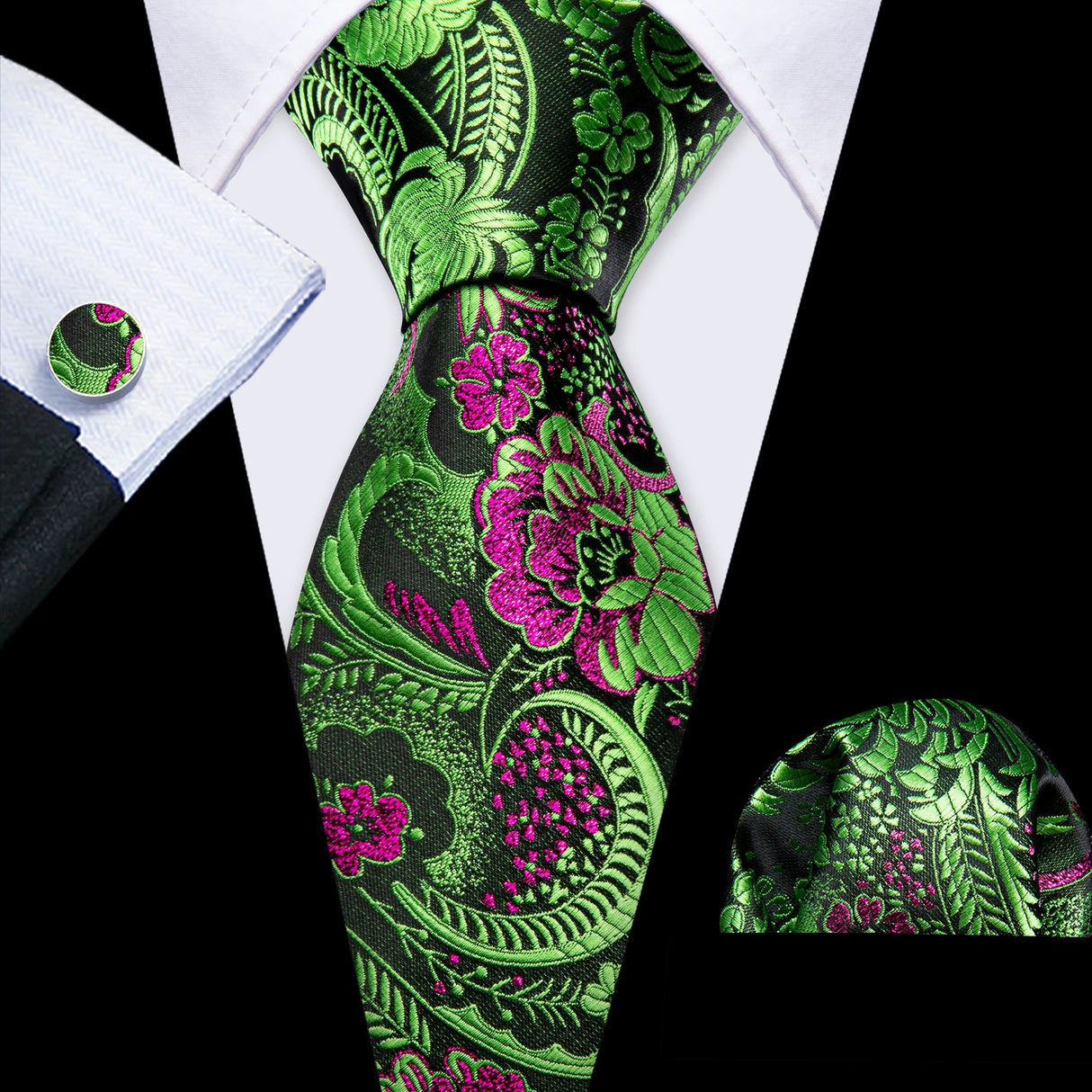 Cravate de mariage noire, dorée et rose pour homme, en soie florale, motif jacquard, pochette, boutons de manchette, pour soirée d'affaires, Barry.Wang
