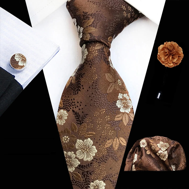 Ensemble de cravates en soie rose floral pour hommes, ensemble de cravates de fête de mariage, mouchoir, broche, boutons de manchette, accessoires pour hommes de haute qualité Gravata