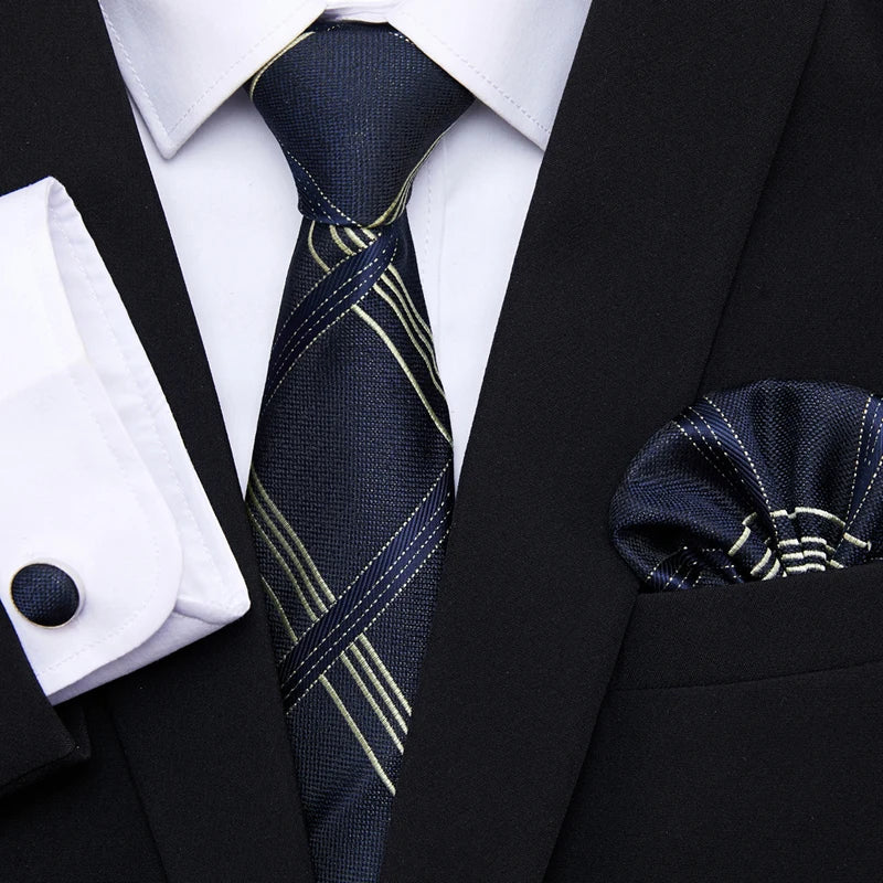 Newest style Green Tie For Men Holiday Present Tie Pocket Squares Set Necktie Striped Wedding Accessories Man