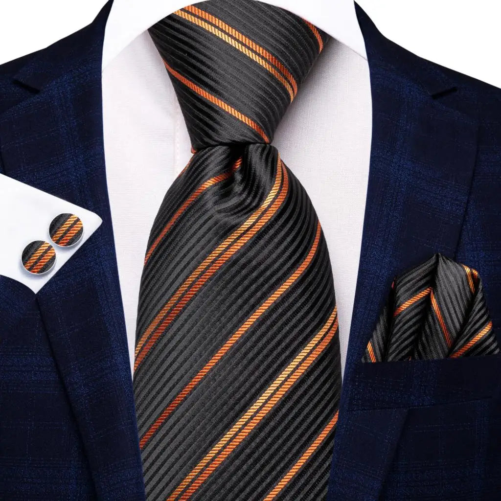 Cravate élégante pour homme, motif cachemire, rayures noires et dorées, en soie, pour mariage, mouchoir, boutons de manchette, pour entreprise, fête, livraison directe