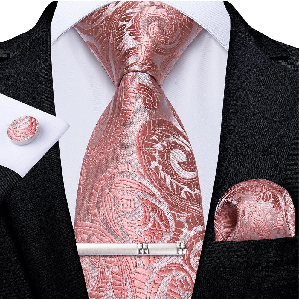 Ensemble cravate homme en soie à rayures roses, motif floral, motif cachemire uni, 8 cm, mouchoir, boutons de manchette, accessoires de mariage, de bal, cravate