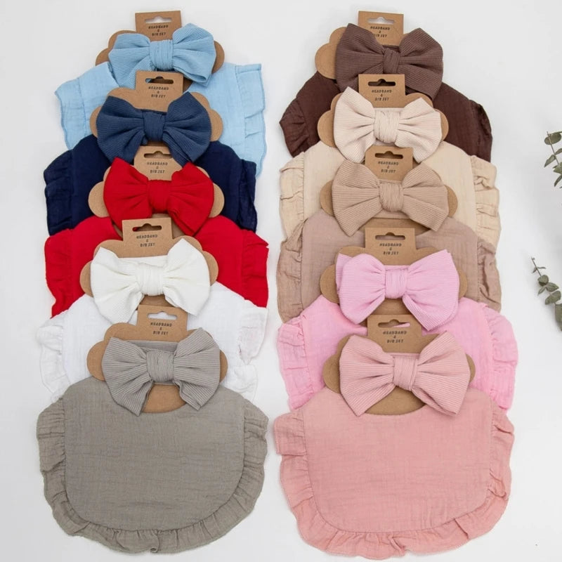 Lot de 2 bavoirs à volants en mousseline de coton pour bébé, nœuds pour cheveux, bandeaux pour filles, couleur unie, serviette pour nouveau-né, bavoirs pour nourrir le rot, écharpe