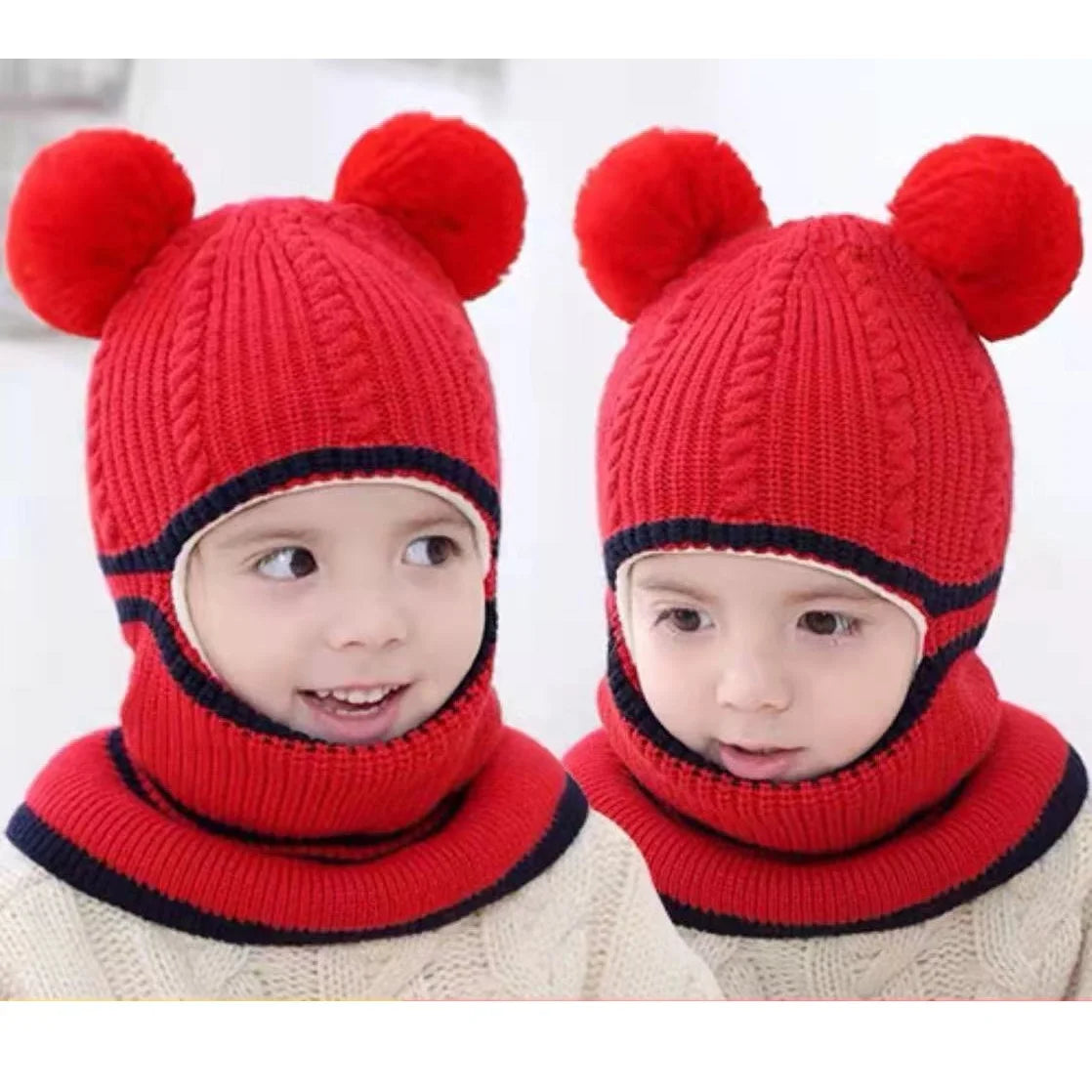 2-4year kid's knitted hat winter warm woolen hat mask scarf one-piece