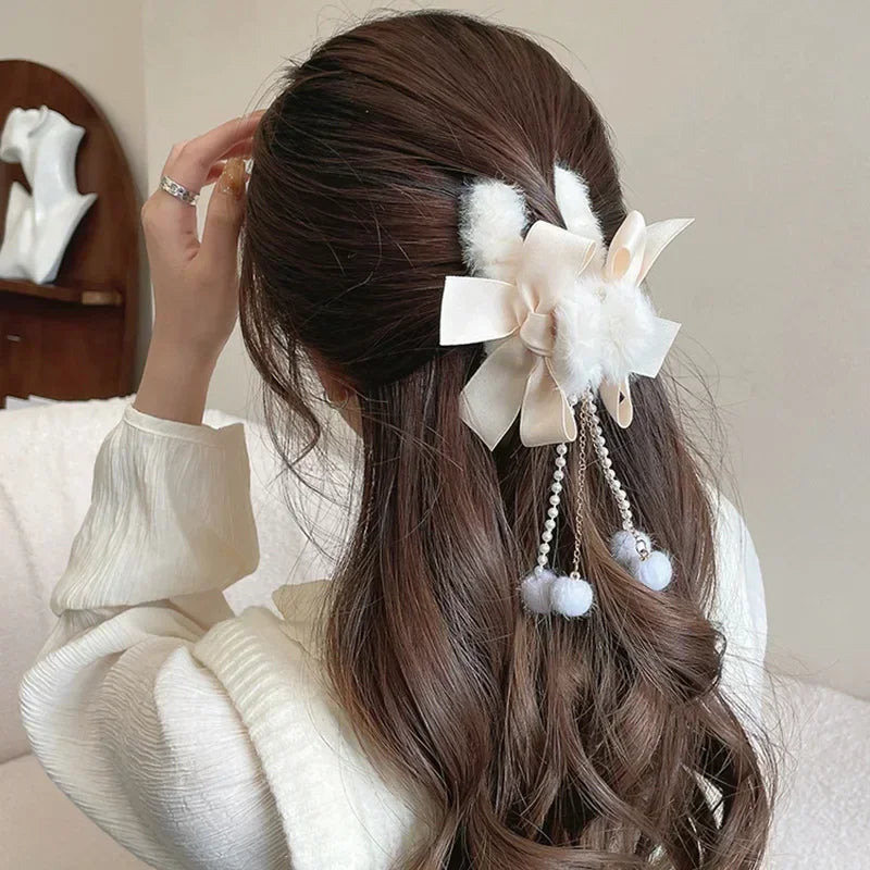 Pinces à cheveux tendance avec nœud et pompon, style coréen, queue de cheval, en peluche, griffe de requin, pour filles, cadeau d'automne et d'hiver