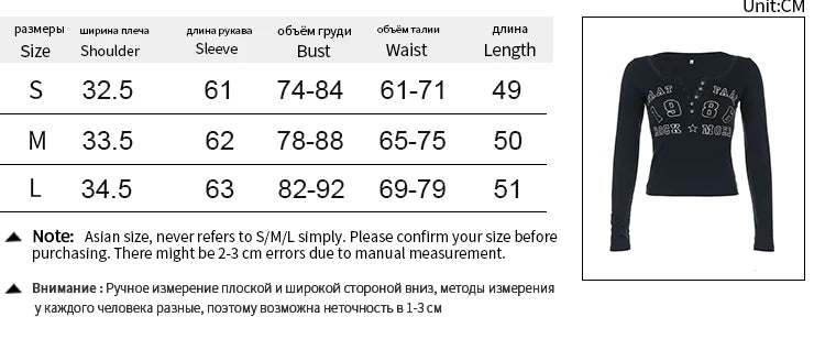 Black T-shirt Women Autumn Letter Print Streetwear Long Sleeves O-Neck Bodycon Sexy Top Button Fashion Casual Slim Tees Female