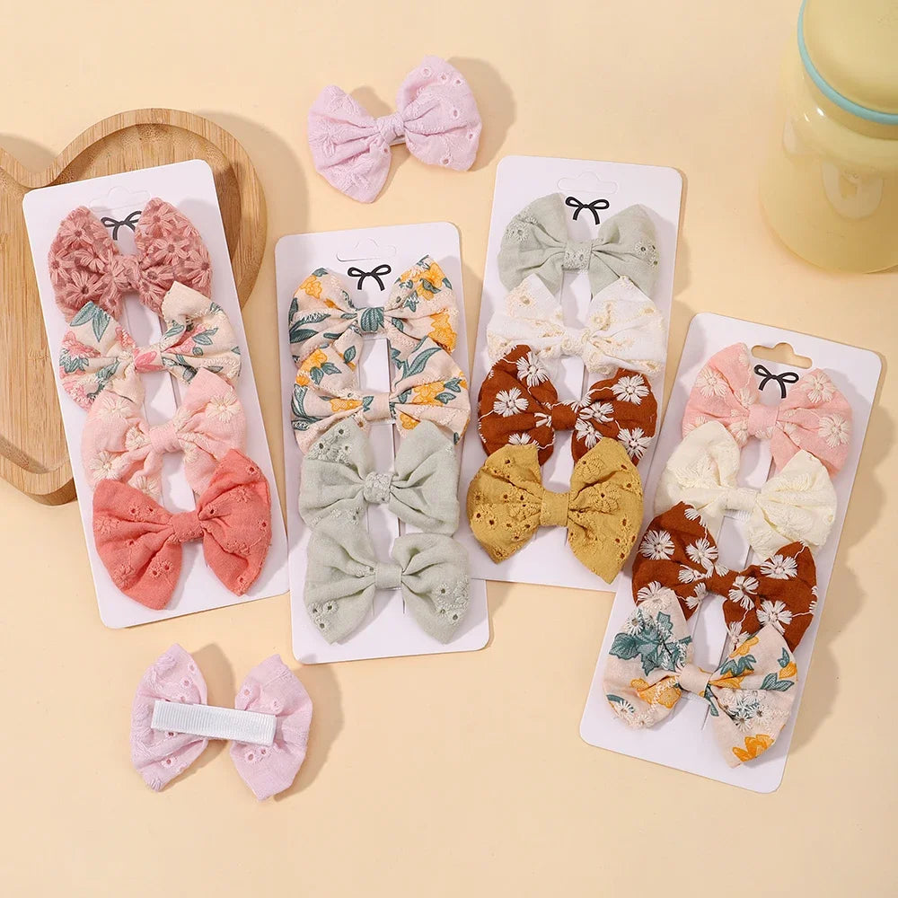 Lot de 4 jolies pinces à cheveux en coton avec nœud papillon, épingles à cheveux sûres, style pastoral, pour fille, accessoires pour cheveux de bébé, imprimés, cadeau