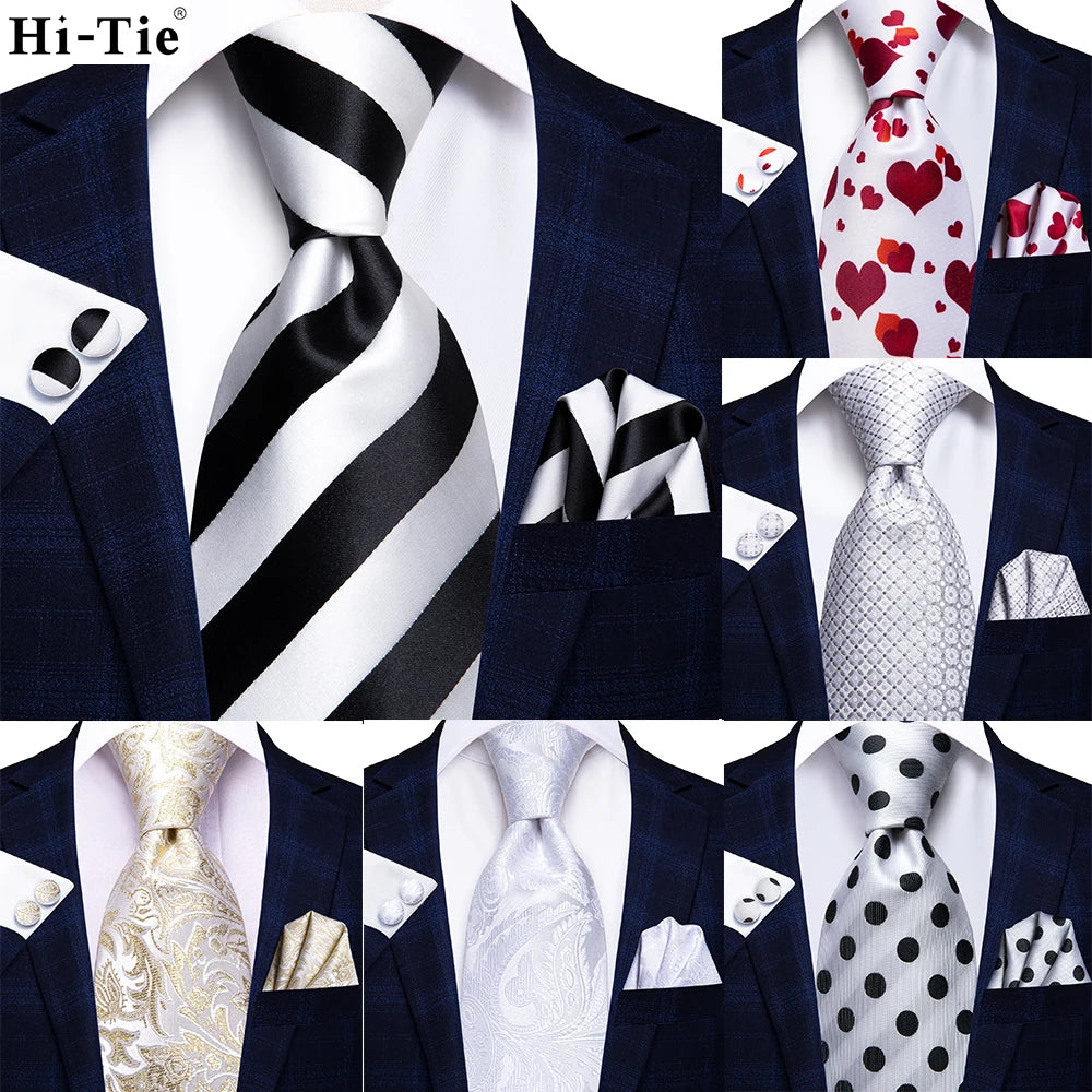 Cravate Hi-Tie blanche et noire à rayures pour homme, couleur unie, en soie, pour mariage, mouchoir, boutons de manchette, créateur de mode, livraison directe