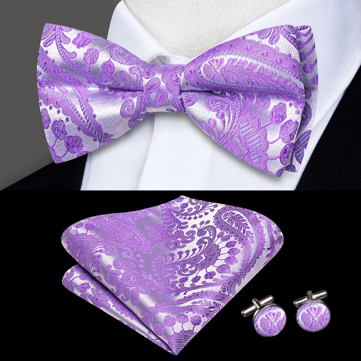 Hi-Tie Marque Soie Pré-noué Homme Nœud Papillon Mouchoir Boutons de Manchette Ensemble Nœud Papillon pour Homme Jacquard Solide Cachemire Floral Mariage Cadeau d'Affaires