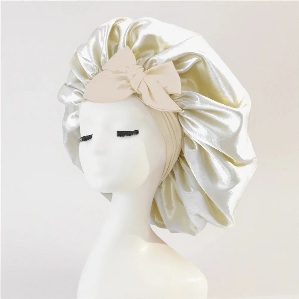 Bonnet de nuit en satin pour femme, large bande solide, extensible, avec nœud, bonnet soyeux, bonnet de nuit, soins capillaires, couvre-tête de douche