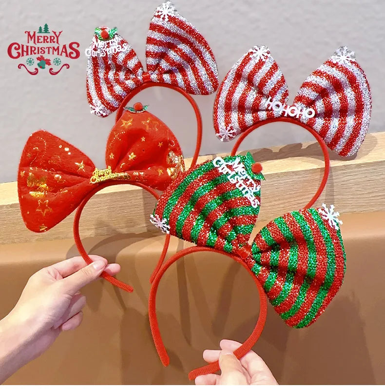 Navidad Bows Elastic Headbands for Adult Children's Hair Accessories Happy Christmas New Year Party Merry Xmas Headdress Supply