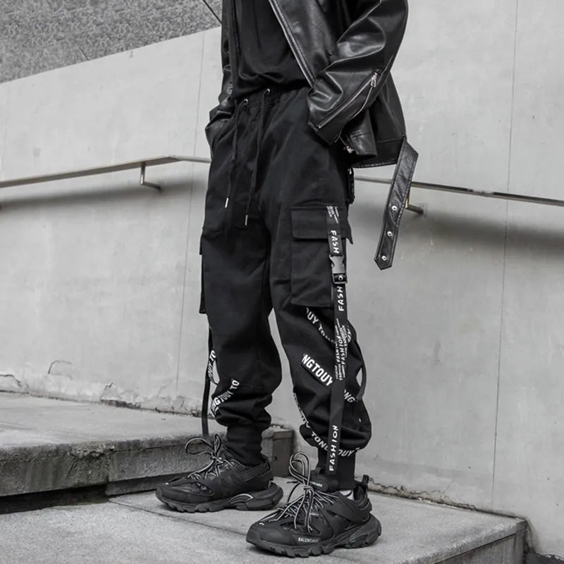 Stylish Techwear Men Cargo Pants Hip Hop Streetwear High Street Jogger Male Trousers Ribbons Pockets Harem Pants for Male
