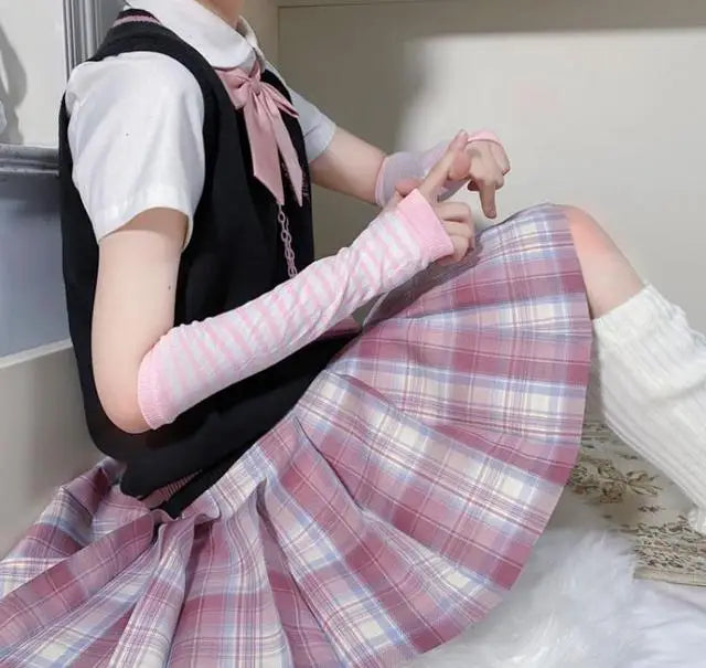 Anime Hand-Armwärmer für Damen und Mädchen, fingerlos, Gothic, lange Handschuhe, Armband, Armabdeckung, langärmelig, weich, gestreift, Ellenbogen, Strickhandschuhe