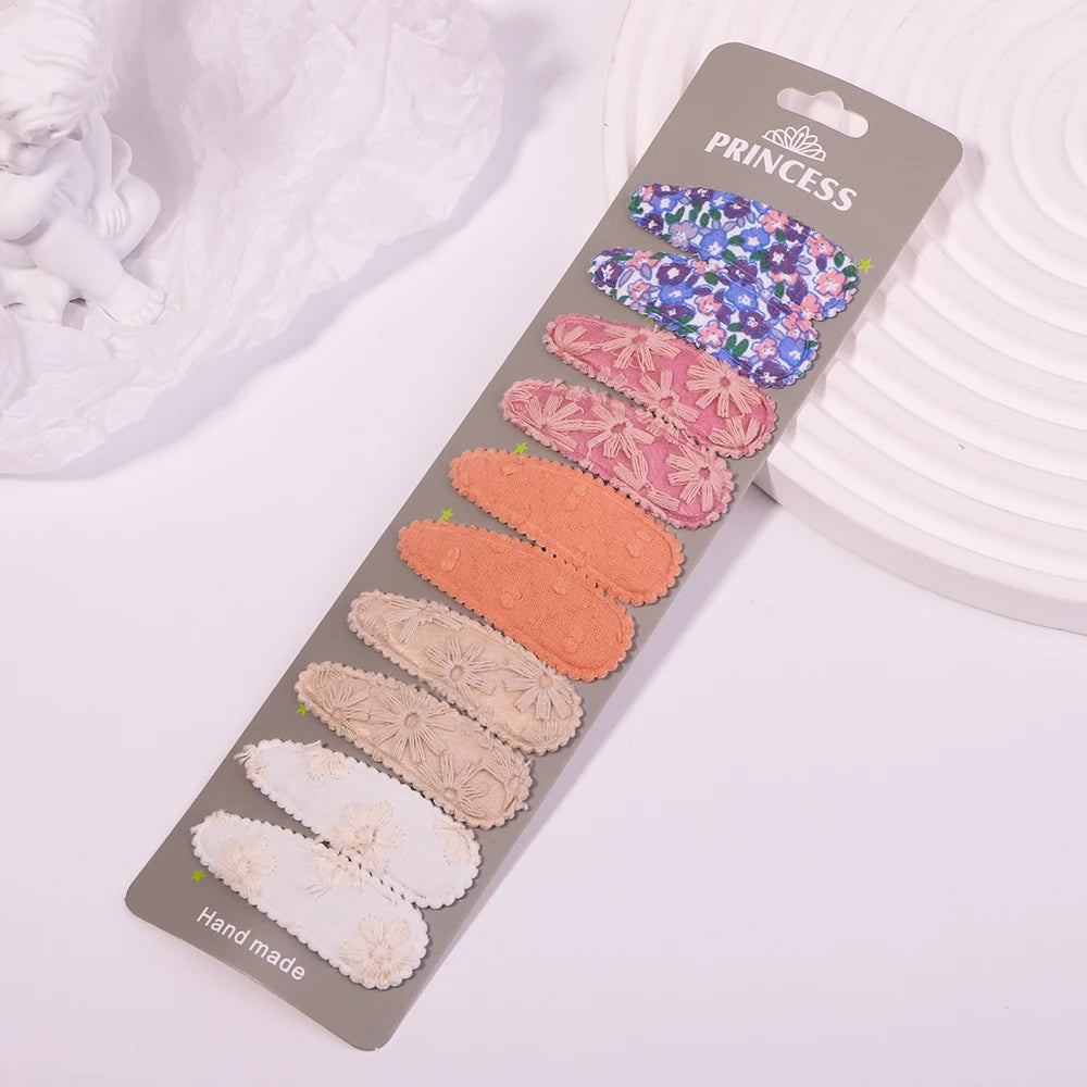 Lot de 10 barrettes à cheveux en forme de goutte d'eau, 5,6 cm, avec broderie imprimée, pour filles mignonnes, épingles à cheveux, couvre-chefs, accessoires pour cheveux pour enfants