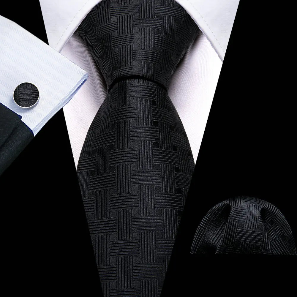 Cravates en soie noire pour hommes, classiques, solides, tissées de haute qualité, avec pochette et boutons de manchette, pour soirées formelles, design Barry.Wang