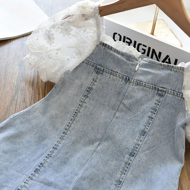 Children Girls Beads Lace Sleeve Denim Dress Toddler Fashion Summer Dresses