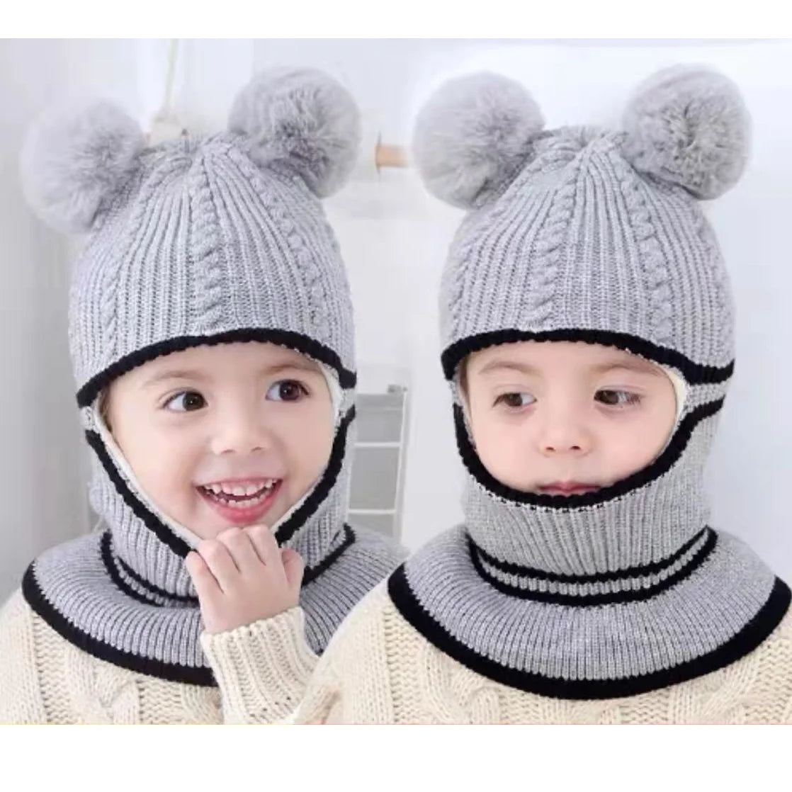 2-4year kid's knitted hat winter warm woolen hat mask scarf one-piece