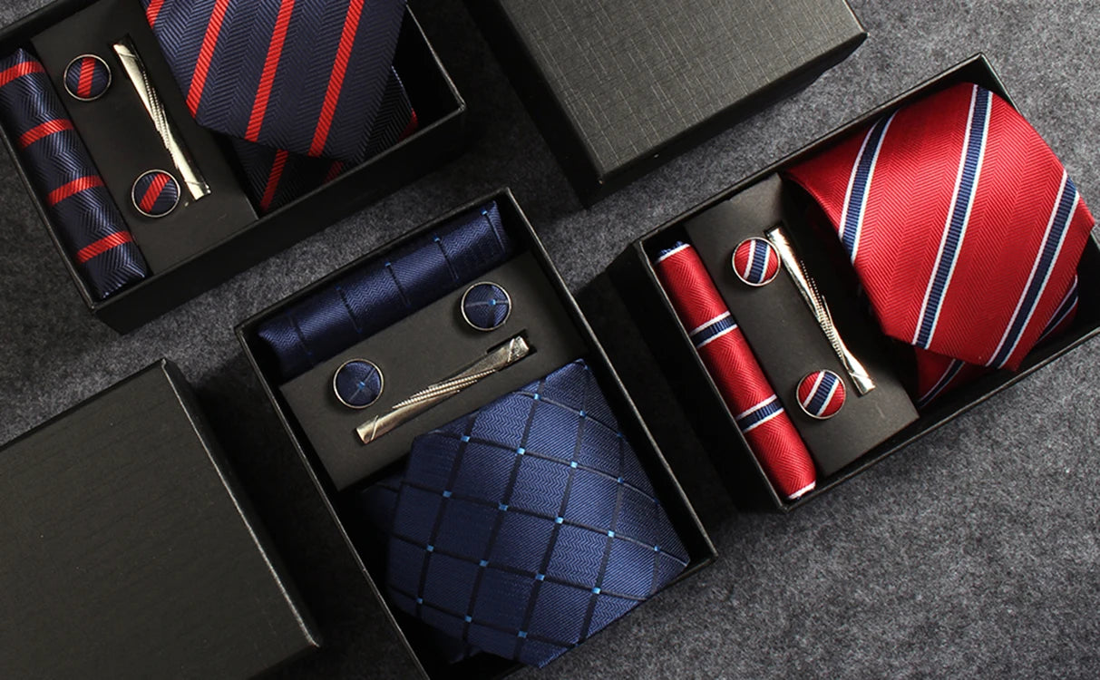 Classic 100% Silk Men's Ties In Gift box 8cm Plaid Dot Striped Business Necktie Handkerchief Cufflinks Wedding Party Tie Set