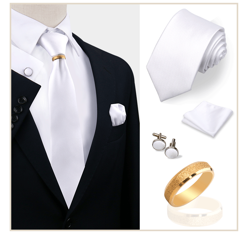 Ensemble de cravates en soie de luxe pour hommes, cravate, mouchoir, boutons de manchette avec anneau en métal doré, broche, costume, fête de mariage, accessoires pour hommes