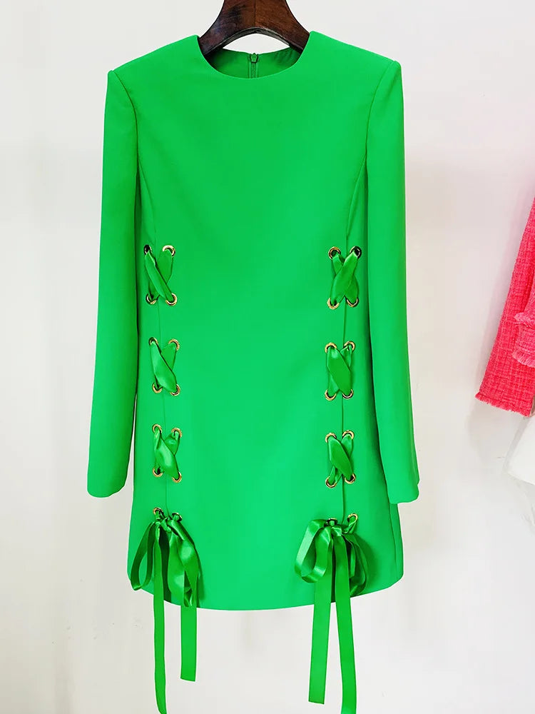 White Green Lace Up Mini Dress 2024 New Designer Runway Fashion Women's Long Sleeve Ribbons Lacing Up Dress High Quality