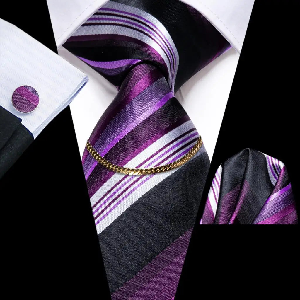 Hi-Tie Business Black Luxury Plaid Mens Tie Silk Neckties Fashion Tie Chain Hanky Cufflinks Set Design Gift For Men Wedding