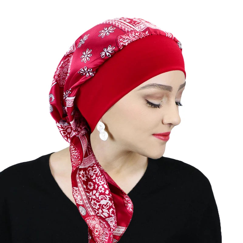 Chapeau turban en satin imprimé pour femme, extensible, à larges bords, tendance, pré-noué, enveloppant, décontracté, style pirate