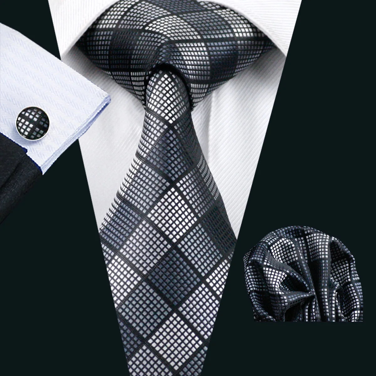 Barry.Wang Ensemble cravate et mouchoir en soie à carreaux pour homme, motif jacquard, idéal pour un mariage, un marié ou une équipe