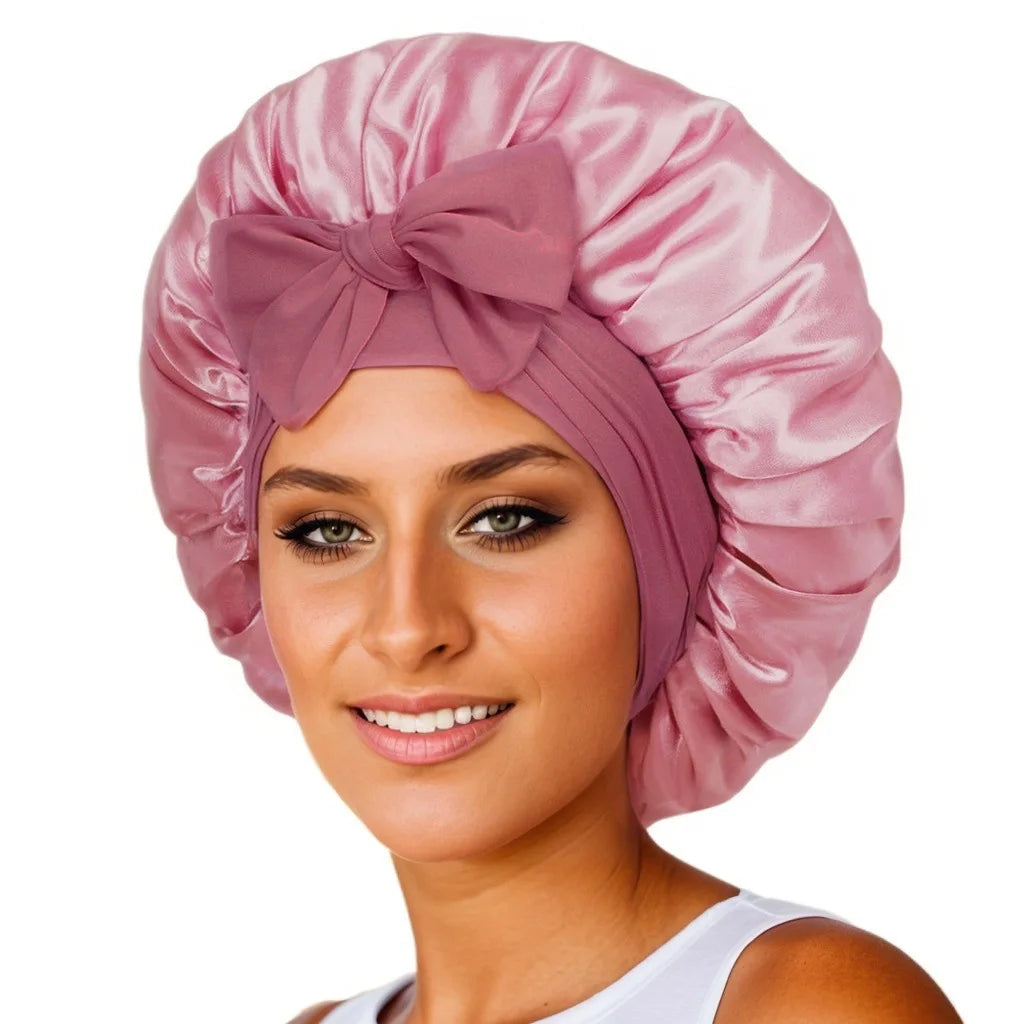 Bonnet de nuit en satin pour femme, large bande solide, extensible, avec nœud, bonnet soyeux, bonnet de nuit, soins capillaires, couvre-tête de douche