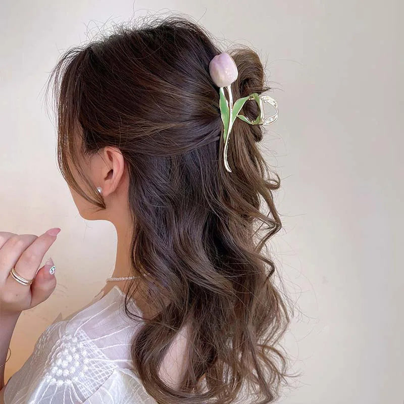 New Tulip Hair Claw Flower grace Shark Clip Headdress Vintage Ponytail Claw Clip Trendy sweet HAIR CLIP FOR GIRL Hair Jewelry
