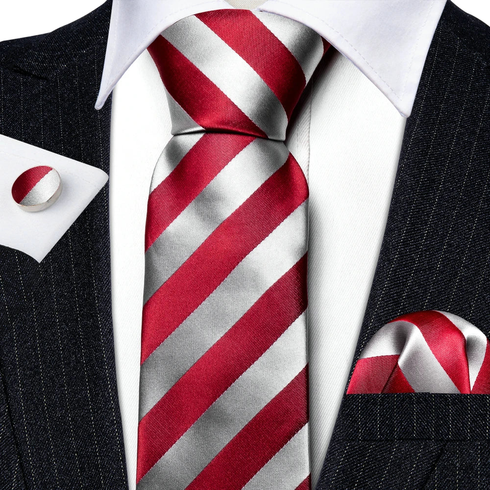 Silk Men Tie Set Blue Red Green Black White Ivory Teal Burgundy Striped Wedding Business Necktie Hanky Cufflinks Barry. Wang