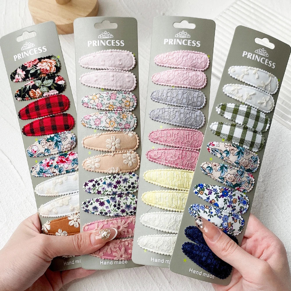 Lot de 10 barrettes à cheveux en forme de goutte d'eau, 5,6 cm, avec broderie imprimée, pour filles mignonnes, épingles à cheveux, couvre-chefs, accessoires pour cheveux pour enfants
