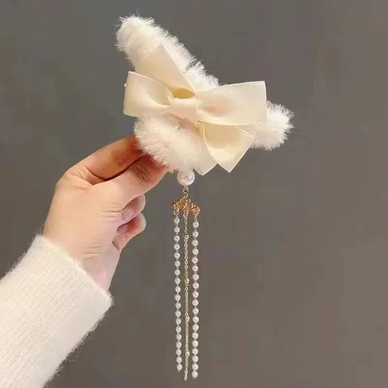 Pinces à cheveux tendance avec nœud et pompon, style coréen, queue de cheval, en peluche, griffe de requin, pour filles, cadeau d'automne et d'hiver