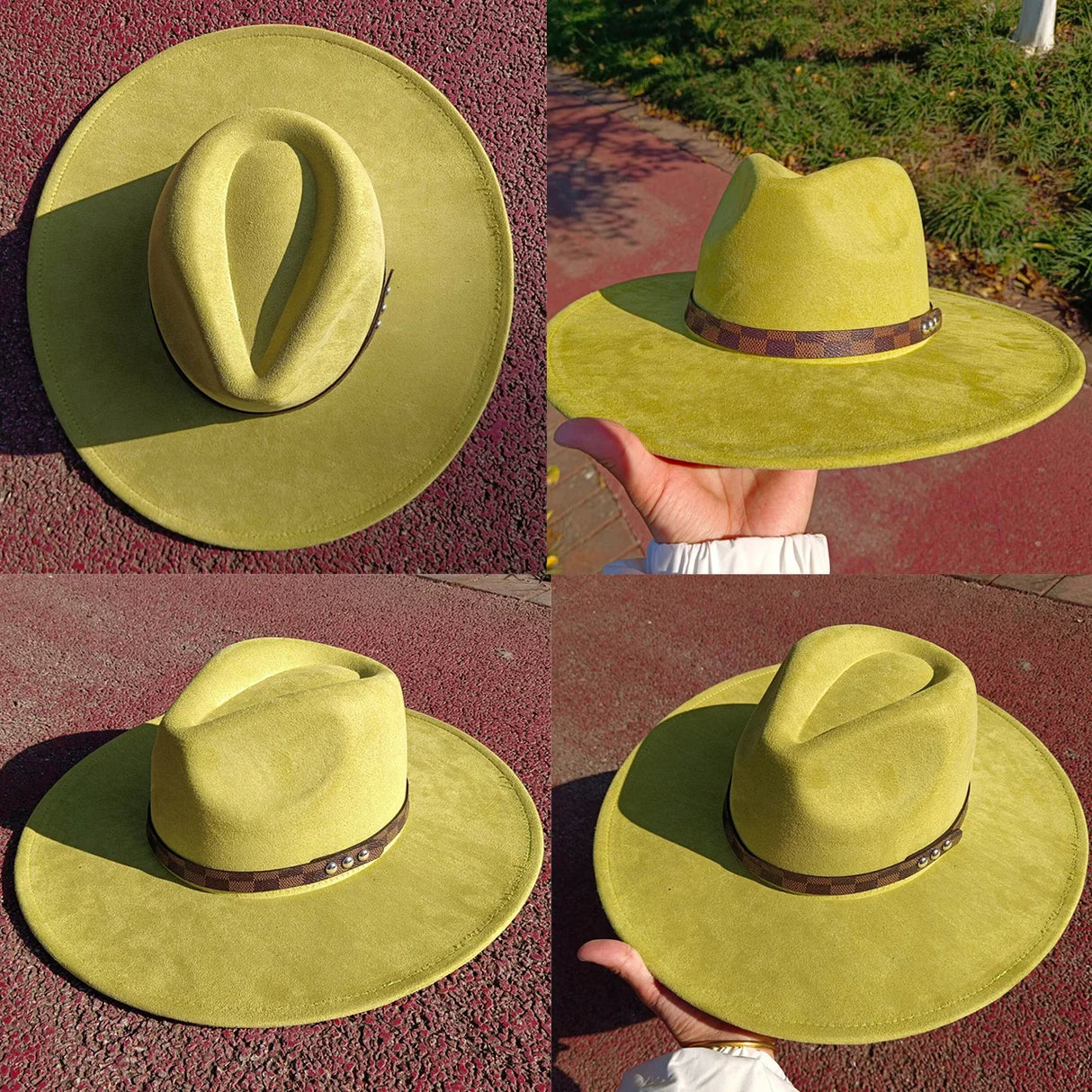 Avocado Green Fedora Suede Hat Checkered Belt Water Drop Top Large Brim Hat Men's and Women's Hat Suede Hat sombrero mujer
