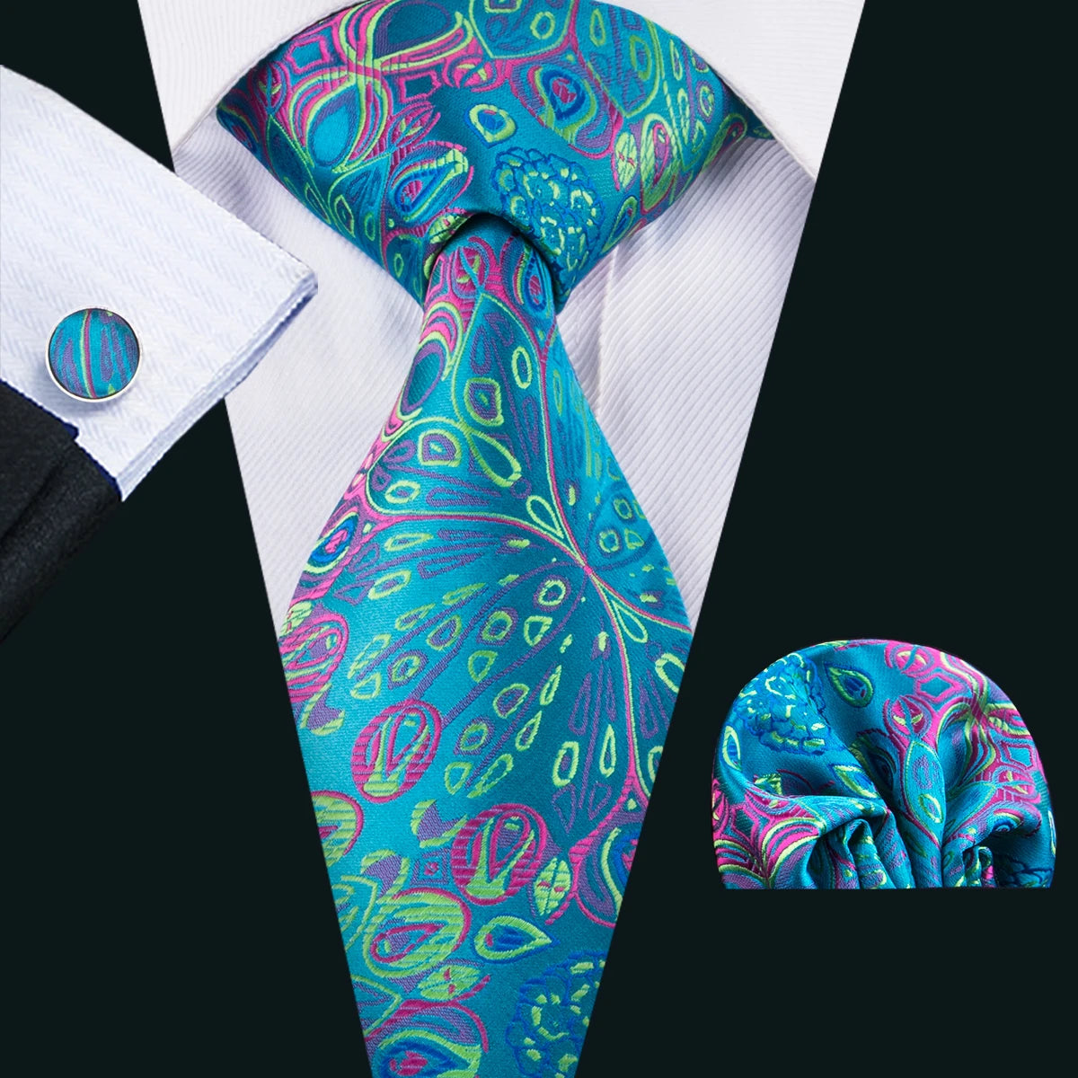 Cravate fantaisie en soie bleu sarcelle pour homme, marque de luxe solide, pochette, boutons de manchette, ensemble de cravates de haute qualité pour fête de mariage Barry.Wang