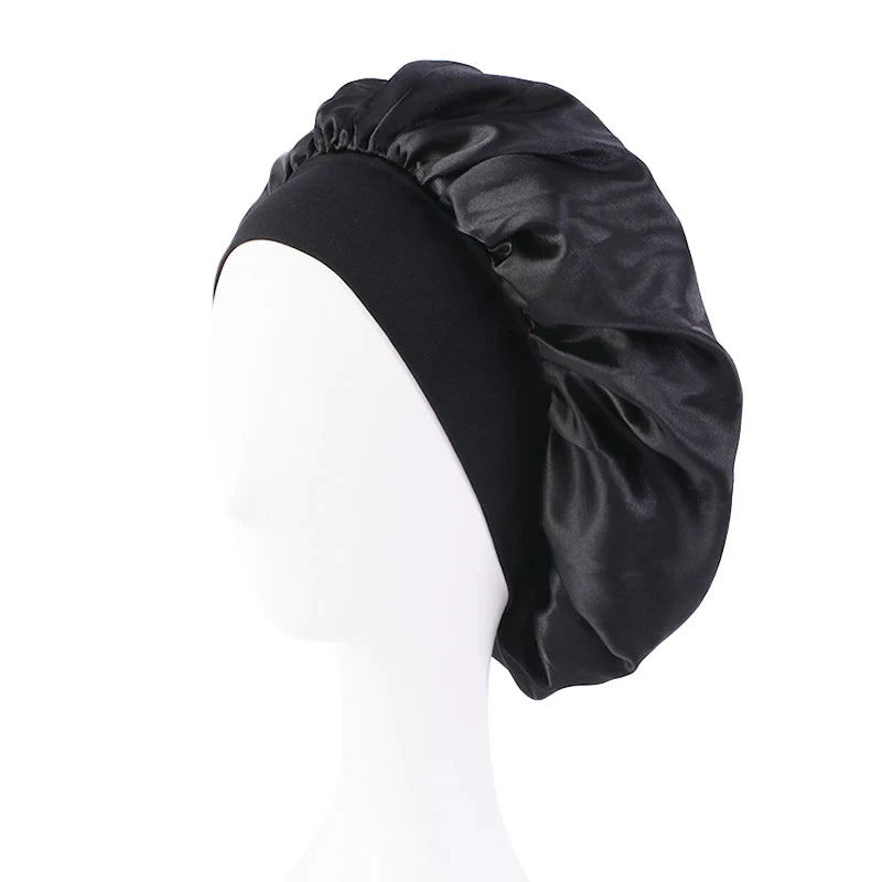 New Women's Satin Solid Wide-brimmed Sleeping Hat Unisex Head Wrap Elastic Band Cap Hair Care Bonnet Night Hat Bonnet De Nuit