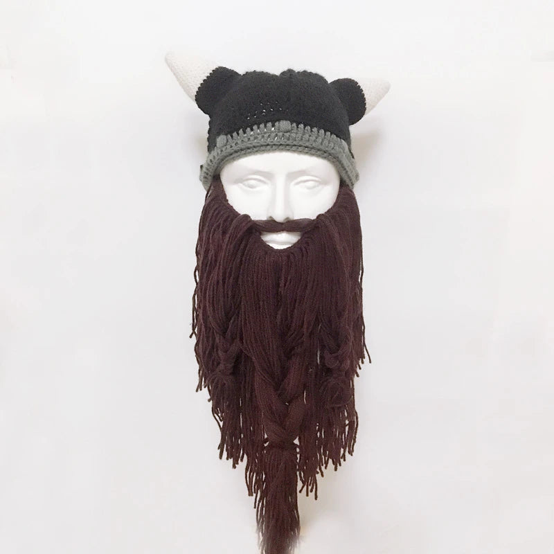 New Wig Beard Hats Viking Beard Beanie Horn Hat Winter Warm Mask Original Handmade Knit Helmet and Removable Beard Halloween Cap