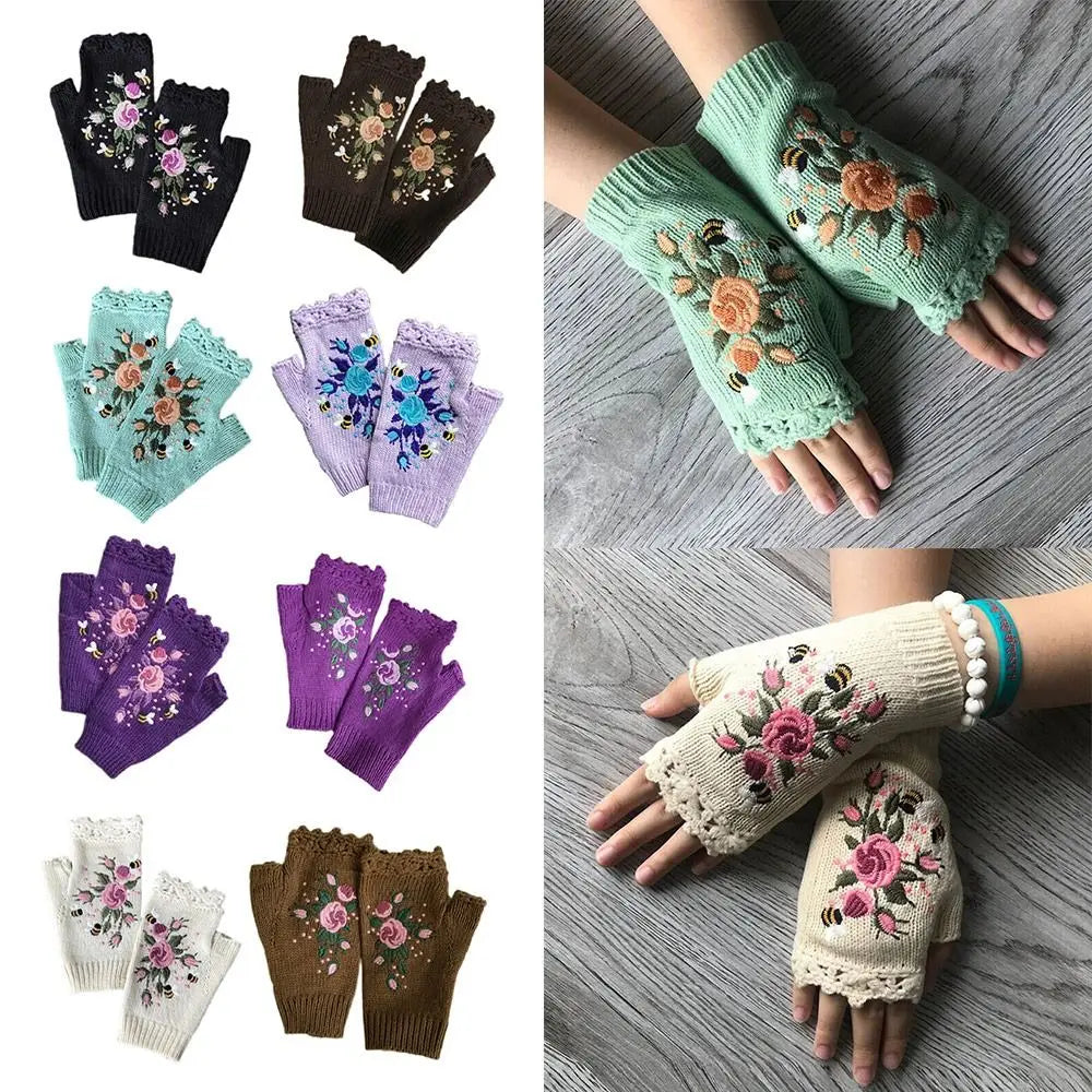 Gants tricotés sans doigts avec broderie florale et abeille, confortables, maintien au chaud, trous pour les pouces, mitaines à fleurs, mitaines à longueur de poignet, hiver