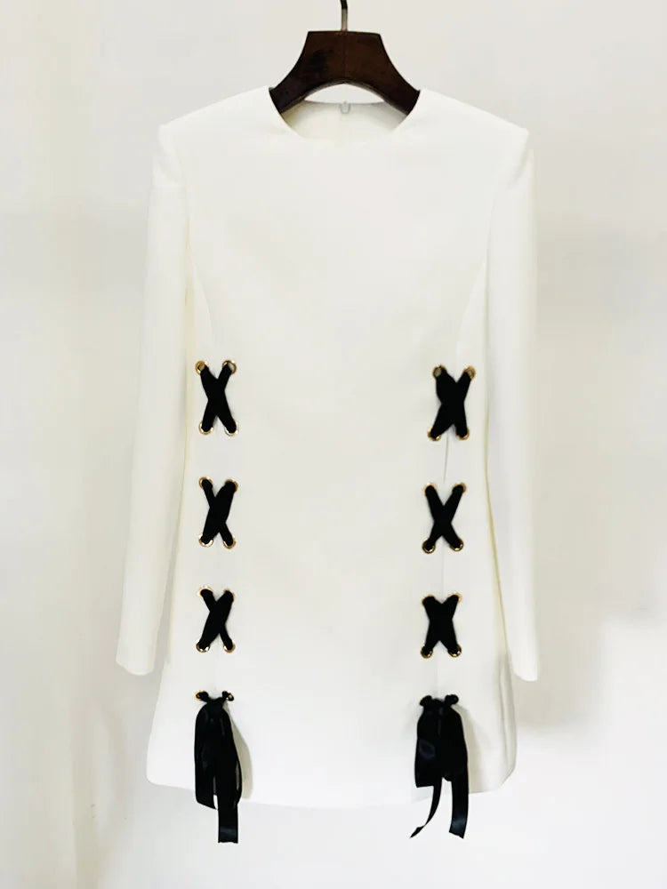 White Green Lace Up Mini Dress 2024 New Designer Runway Fashion Women's Long Sleeve Ribbons Lacing Up Dress High Quality