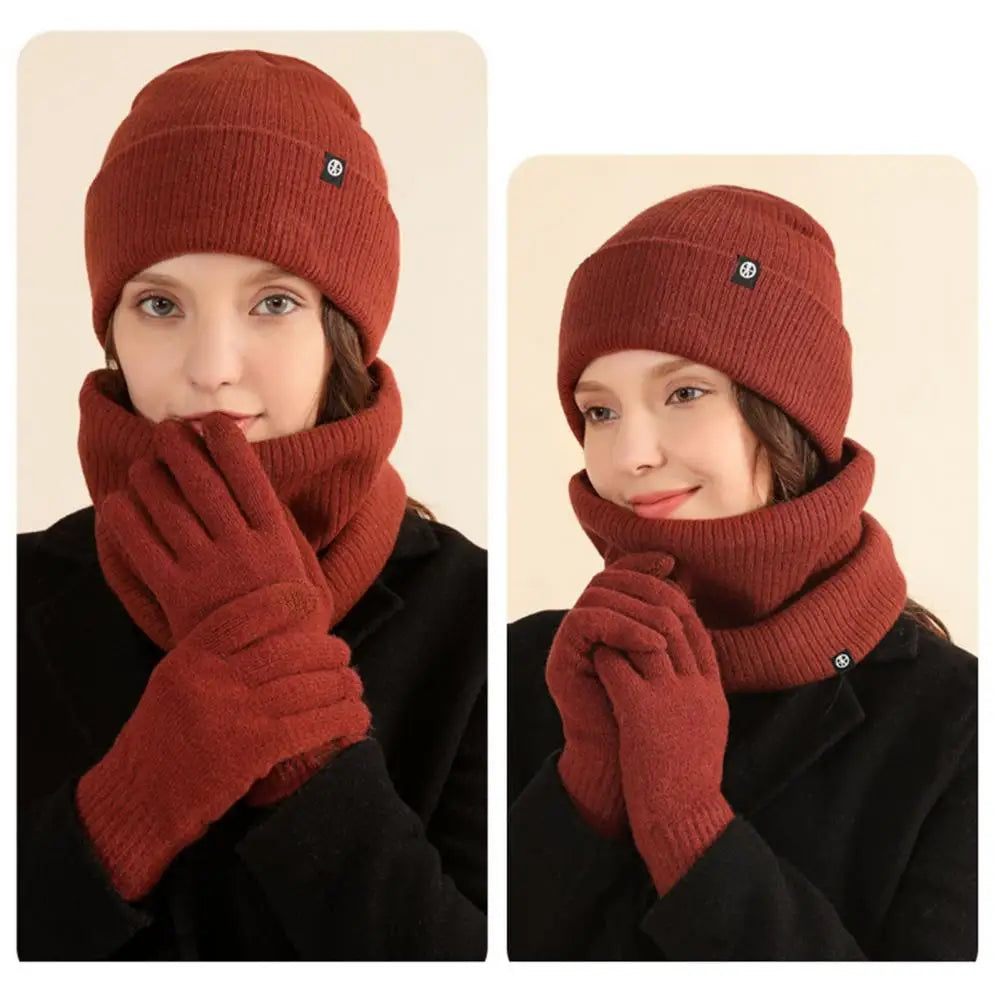 1 Set Winter Hat Scarf Gloves Set Unsiex Thick Warm Neck Head Cozy Windproof Outdoor Cycling Cap Neck Warmer Gloves Set