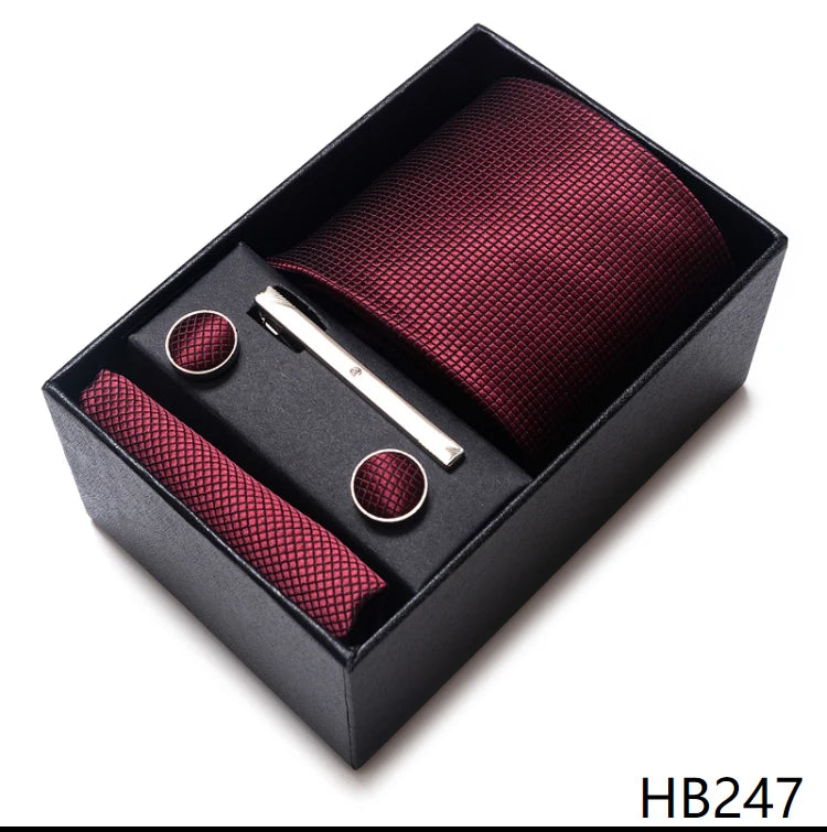 65 Colors Fashion Tie Handkerchief Set Tie Clip Necktie Box Man's Shirt Dark Red Accessories Men Wedding Holiday Gift