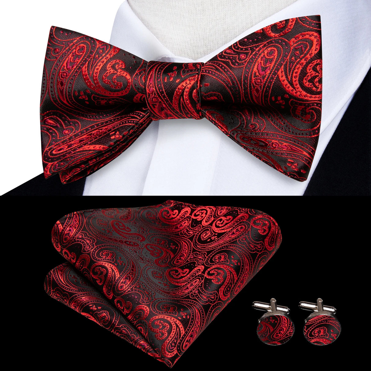 Hi-Tie Ensemble nœud papillon en soie pour homme, mouchoir et boutons de manchette, bleu, rouge, or, noir, blanc, jacquard, nœud papillon, mariage, affaires