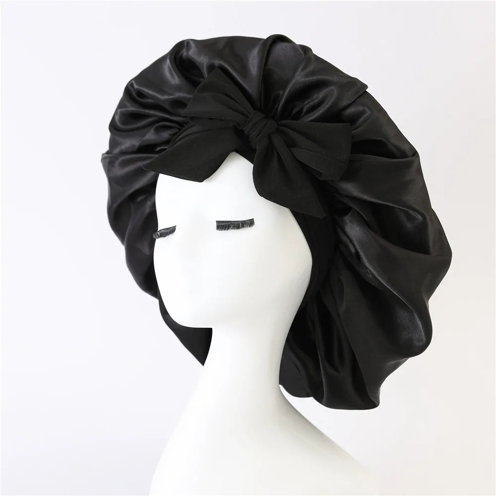 Bonnet de nuit en satin pour femme, large bande solide, extensible, avec nœud, bonnet soyeux, bonnet de nuit, soins capillaires, couvre-tête de douche