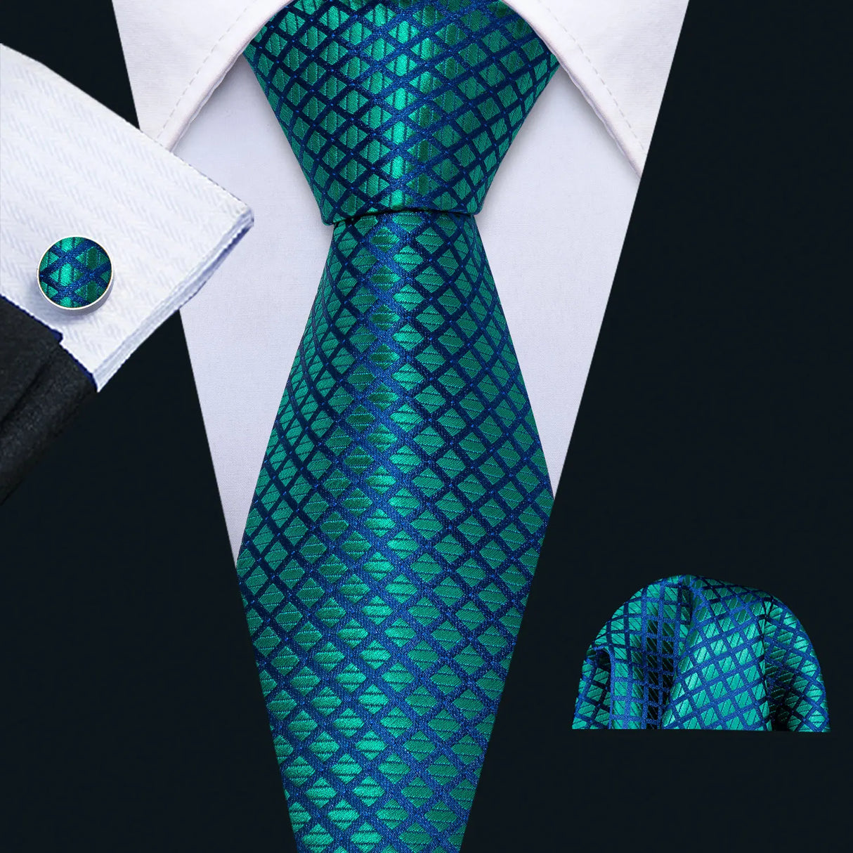 Cravate fantaisie en soie bleu sarcelle pour homme, marque de luxe solide, pochette, boutons de manchette, ensemble de cravates de haute qualité pour fête de mariage Barry.Wang