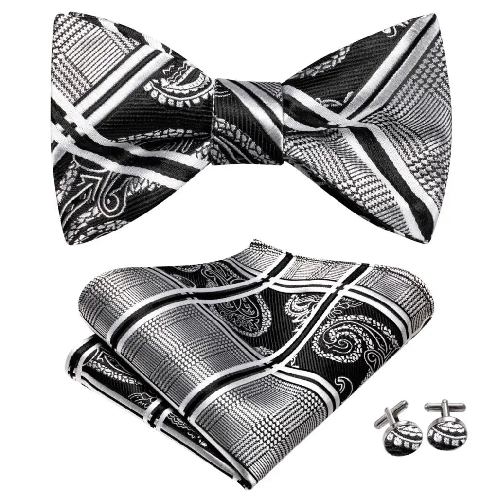Hi-Tie Ensemble nœud papillon en soie pour homme, mouchoir et boutons de manchette, bleu, rouge, or, noir, blanc, jacquard, nœud papillon, mariage, affaires
