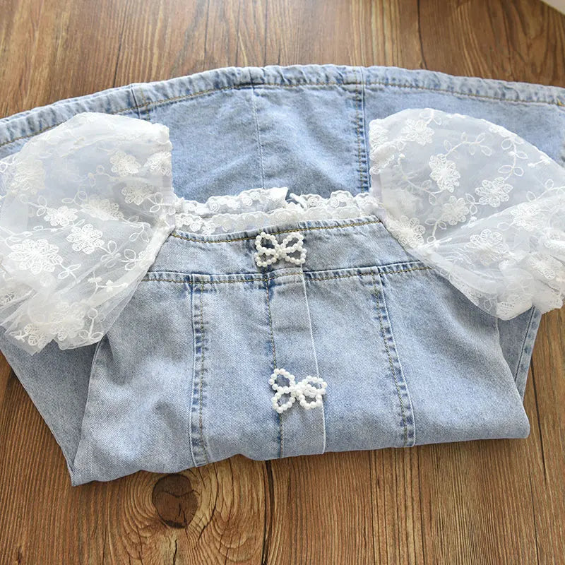 Children Girls Beads Lace Sleeve Denim Dress Toddler Fashion Summer Dresses